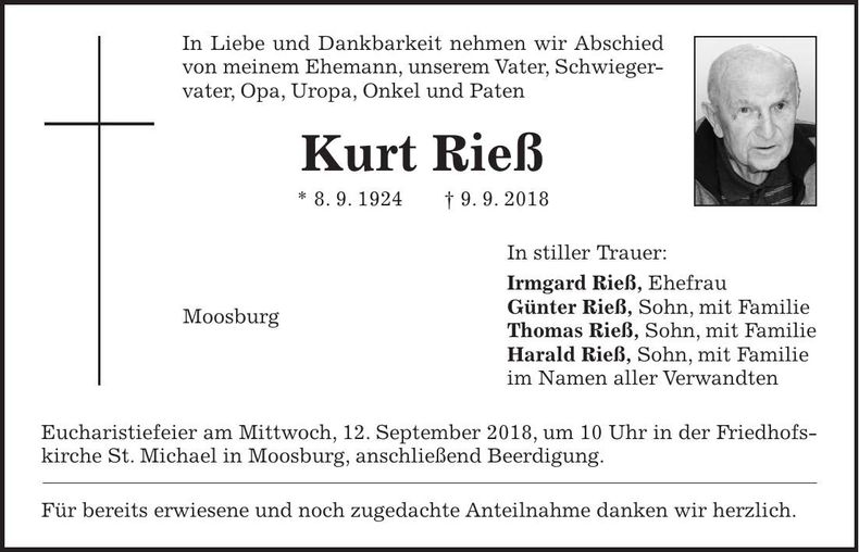 Traueranzeige Kurt Rieß