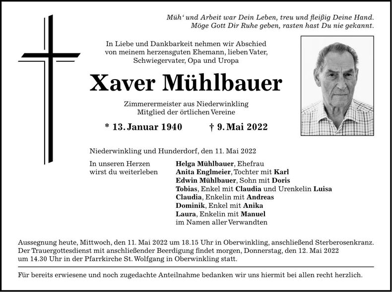 Traueranzeige Xaver Mühlbauer