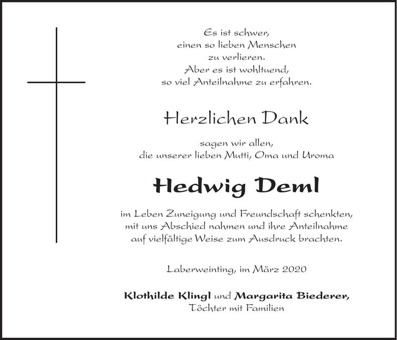 Traueranzeige Hedwig Deml