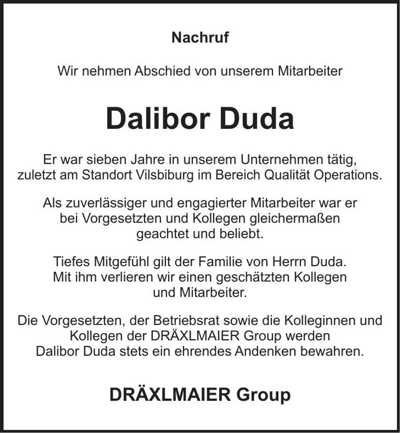 Traueranzeige Dalibor Duda