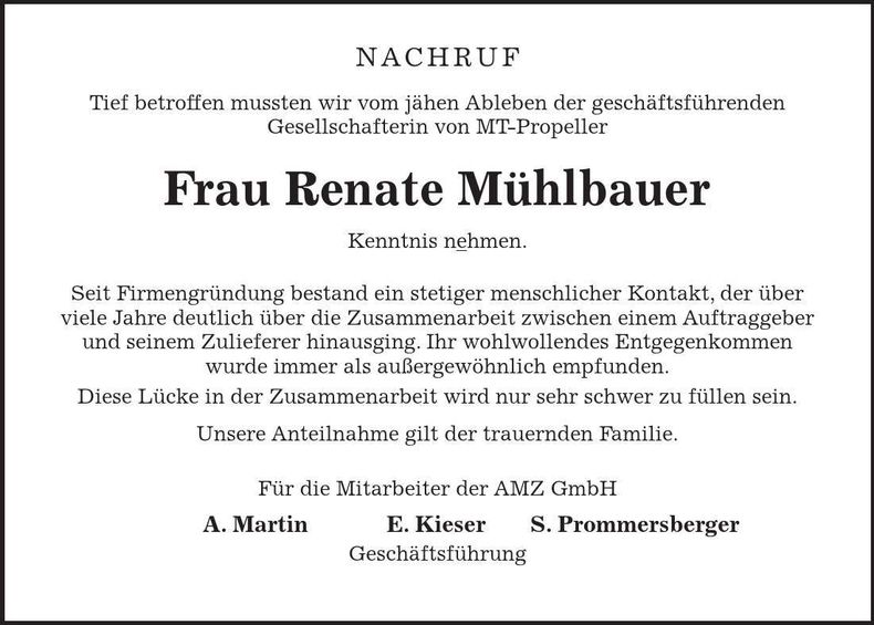 Traueranzeige Renate Mühlbauer