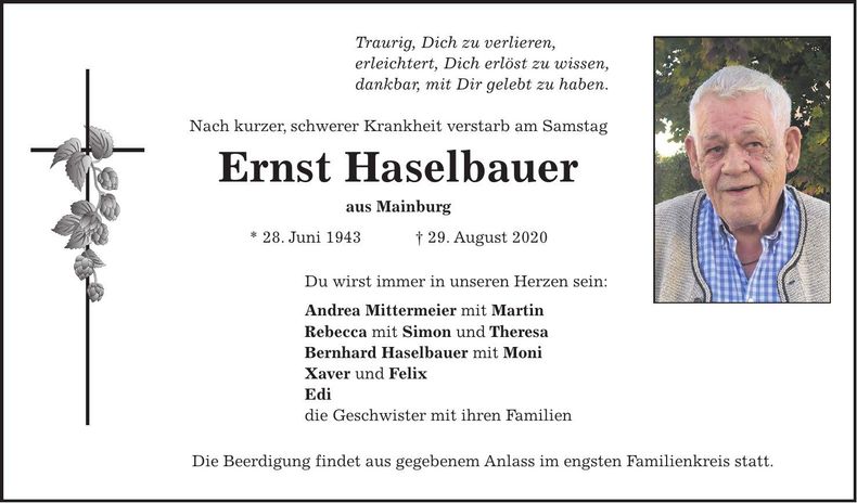 Traueranzeige Ernst Haselbauer