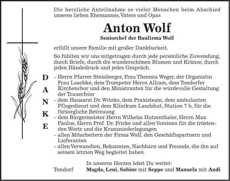 Traueranzeige Anton Wolf