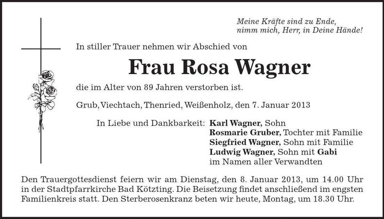 Traueranzeige Rosa Wagner
