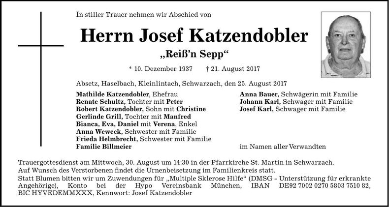 Traueranzeige Josef Katzendobler