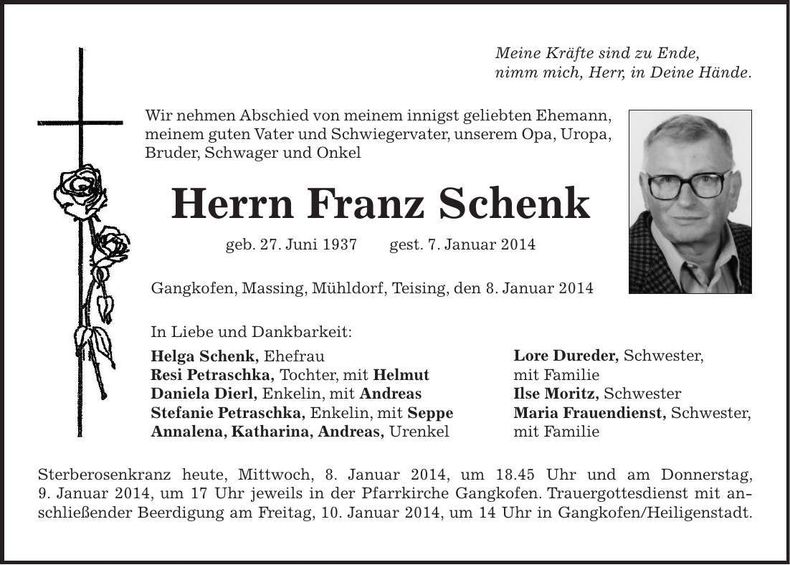 Traueranzeige Franz Schenk