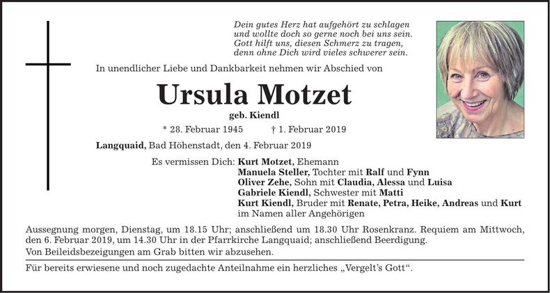 Traueranzeige Ursula Motzet