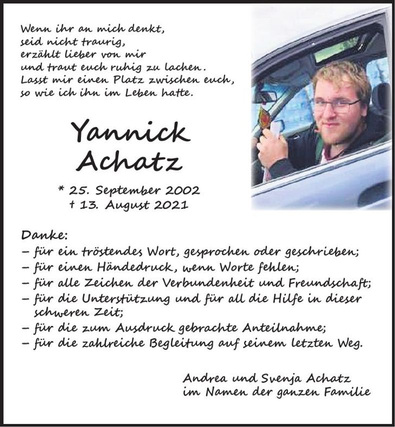 Traueranzeige Yannick Achatz