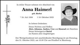Traueranzeige Anna Haimerl