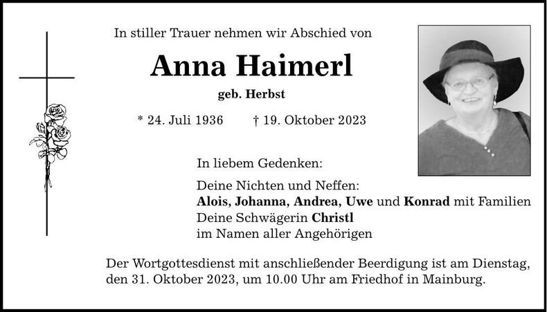 Traueranzeige Anna Haimerl