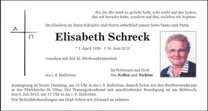 Traueranzeige Elisabeth Schreck