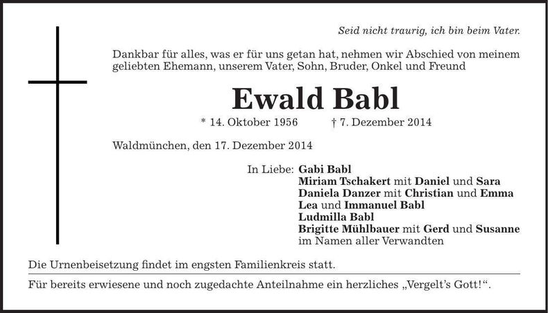 Traueranzeige Ewald Babl