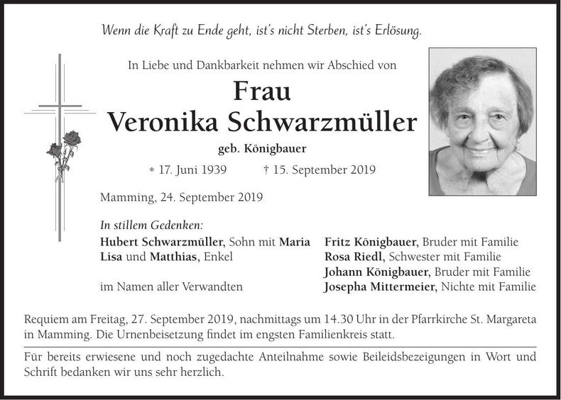Traueranzeige Veronika Schwarzmüller