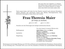 Traueranzeige Theresia Maier