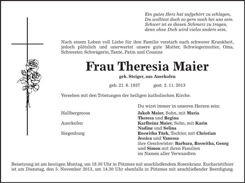 Traueranzeige Theresia Maier