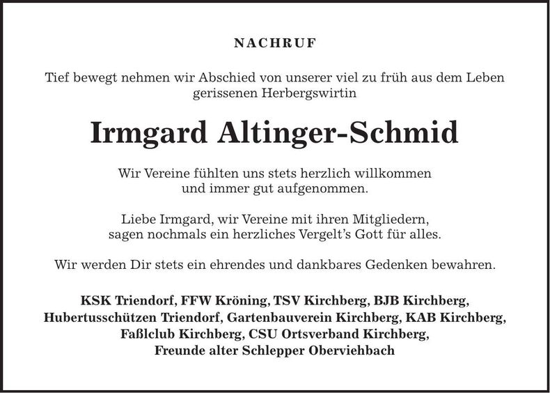 Traueranzeige Irmgard Altinger-Schmid