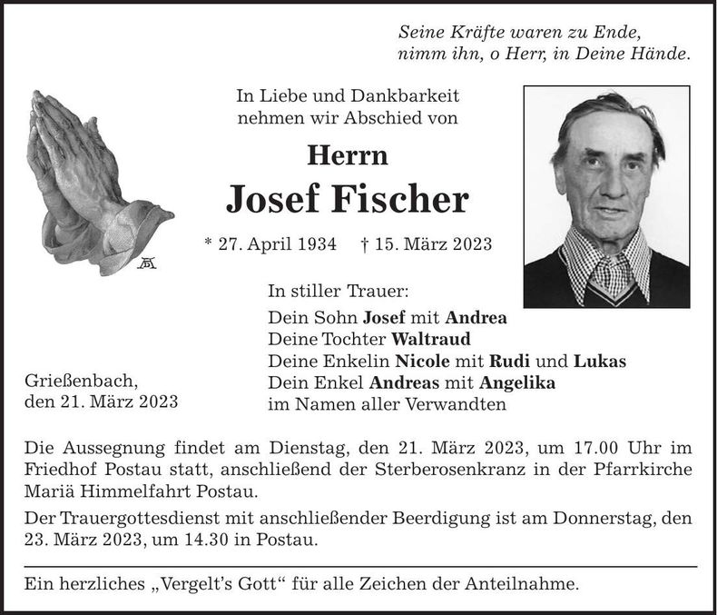 Traueranzeige Josef Fischer
