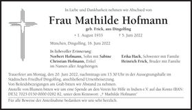 Traueranzeige Mathilde Hofmann