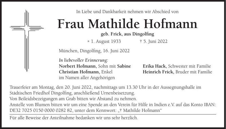 Traueranzeige Mathilde Hofmann