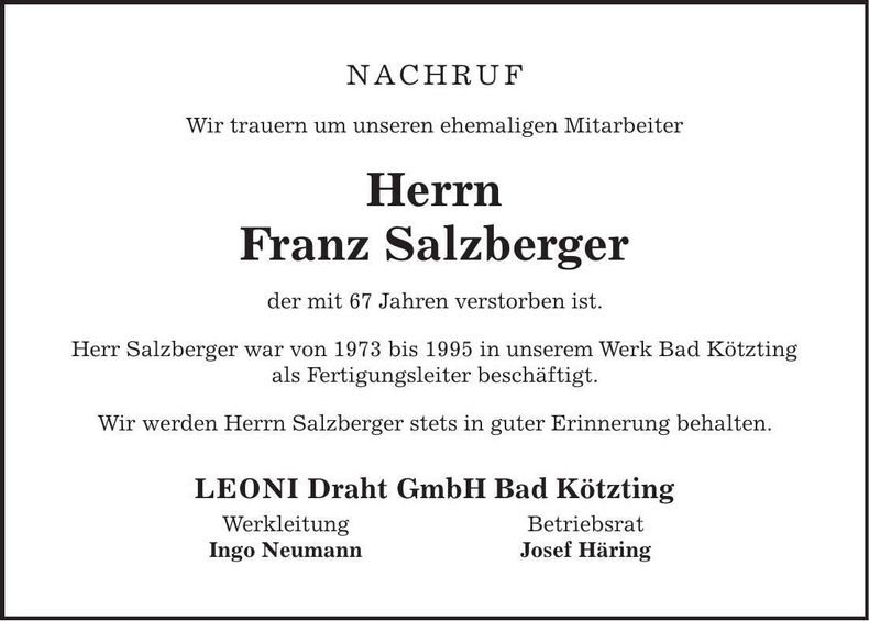 Traueranzeige Franz Salzberger
