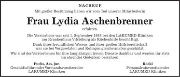 Traueranzeige Lydia Aschenbrenner