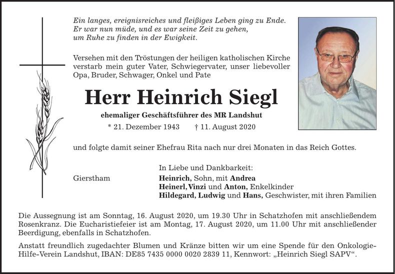 Traueranzeige Heinrich Siegl