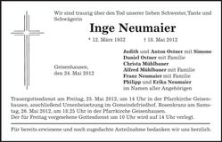 Traueranzeige Inge Neumaier