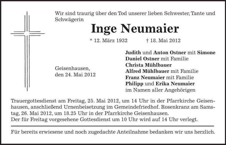 Traueranzeige Inge Neumaier