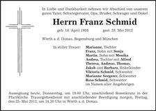 Traueranzeige Franz Schmid