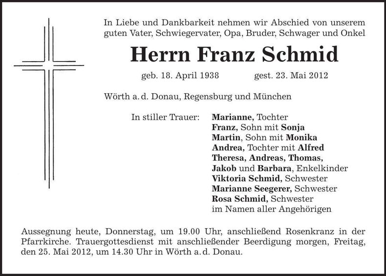 Traueranzeige Franz Schmid