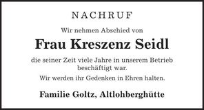 Traueranzeige Kreszenz Seidl