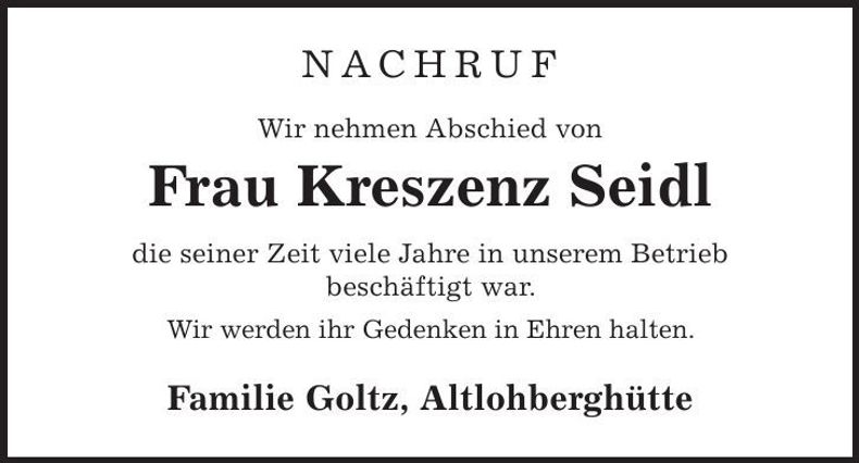 Traueranzeige Kreszenz Seidl