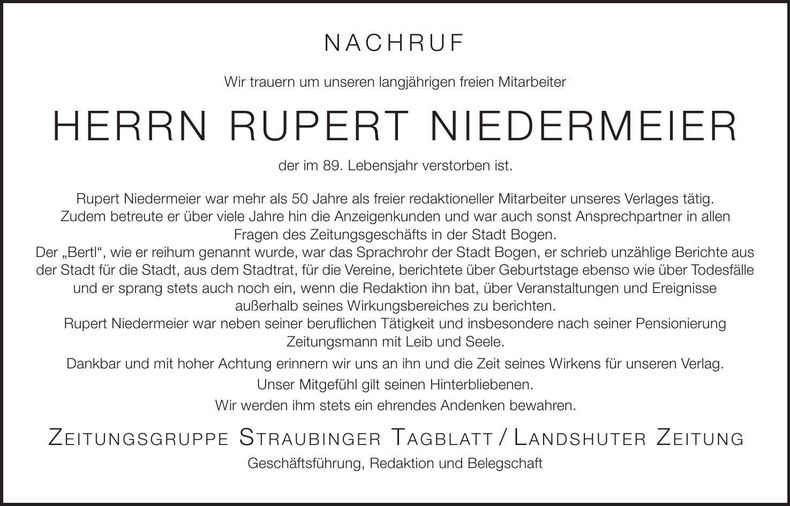 Traueranzeige Niedermeier Rupert