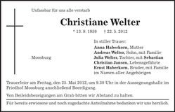 Traueranzeige Christiane Welter