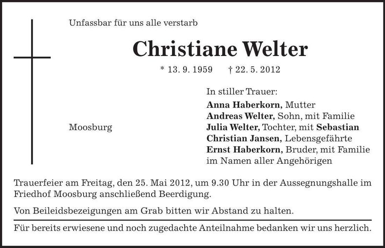 Traueranzeige Christiane Welter