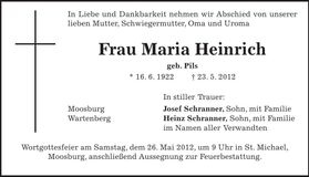 Traueranzeige Maria Heinrich