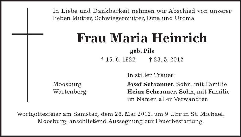 Traueranzeige Maria Heinrich