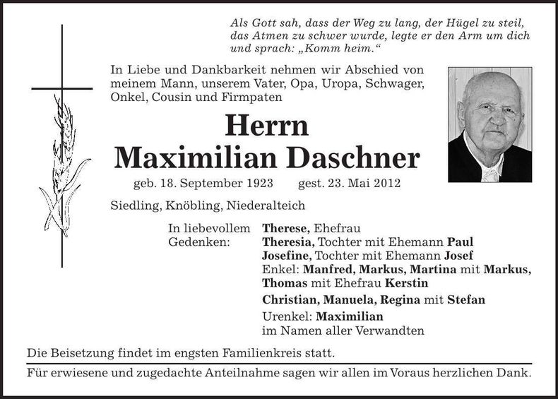 Traueranzeige Maximilian Daschner