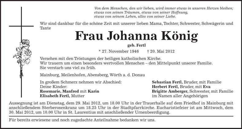 Traueranzeige Johanna König