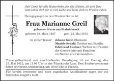 Traueranzeige Marianne Greil