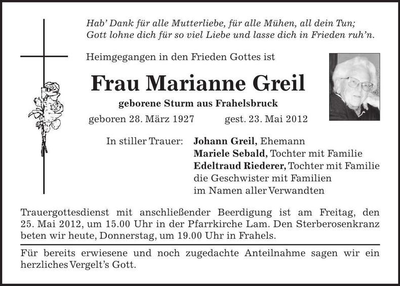 Traueranzeige Marianne Greil