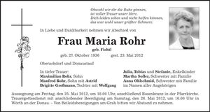 Traueranzeige Maria Rohr