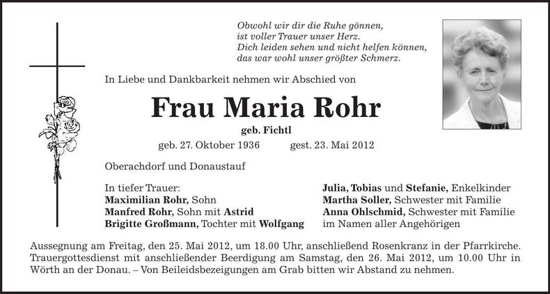 Traueranzeige Maria Rohr