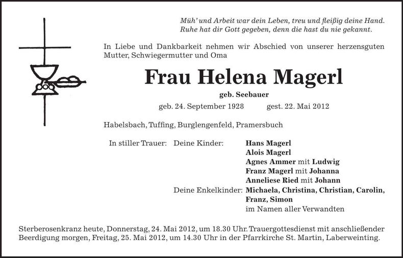 Traueranzeige Helena Magerl