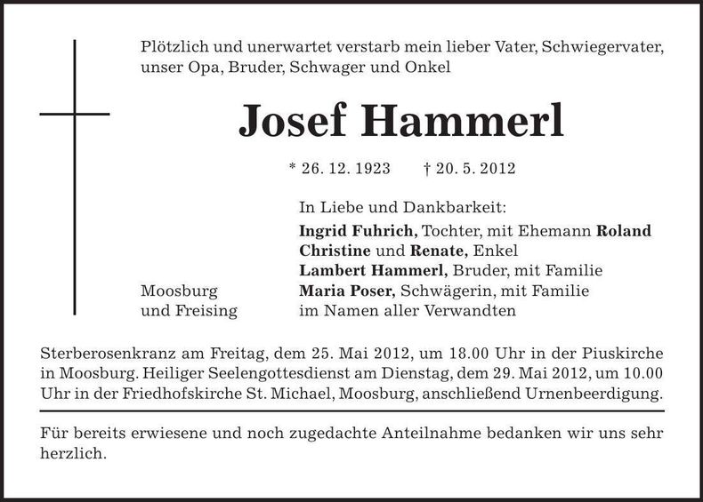 Traueranzeige Josef Hammerl