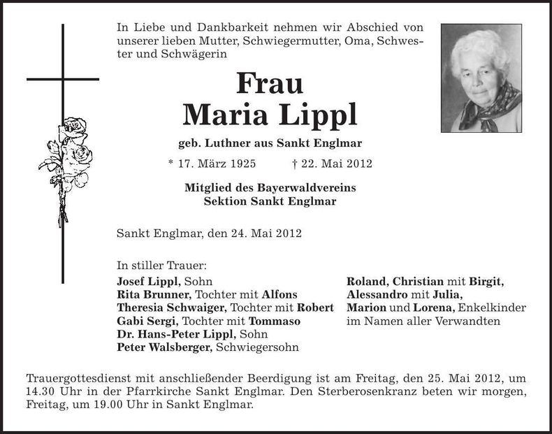 Traueranzeige Maria Lippl