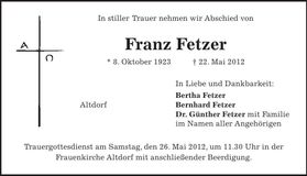 Traueranzeige Franz Fetzer