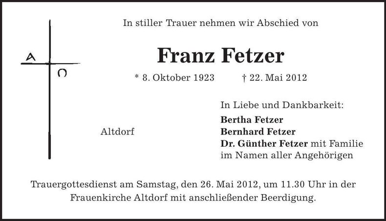 Traueranzeige Franz Fetzer
