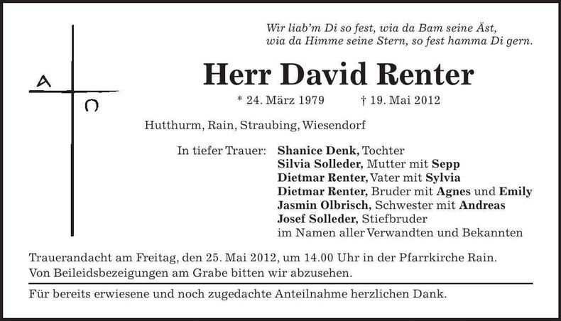 Traueranzeige David Renter