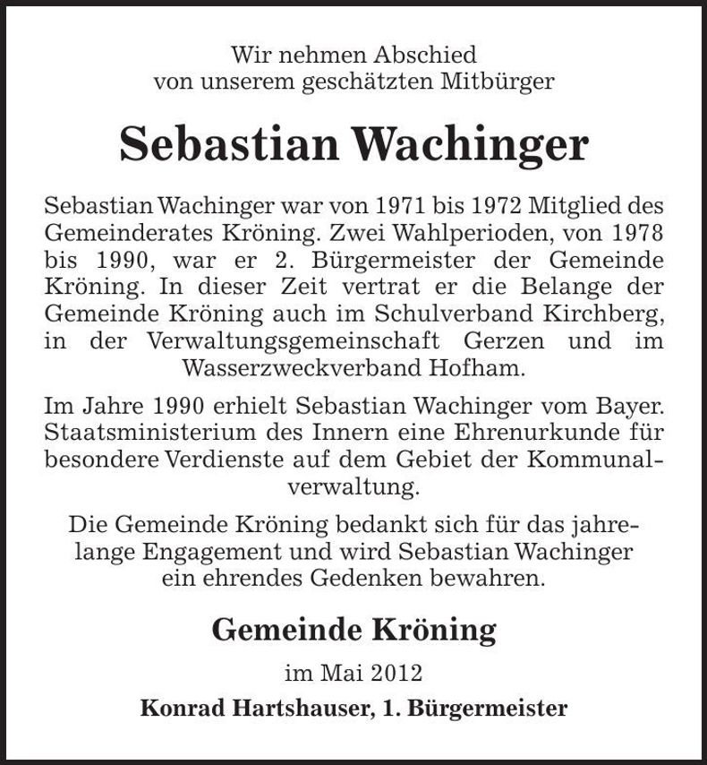 Traueranzeige Sebastian Wachinger